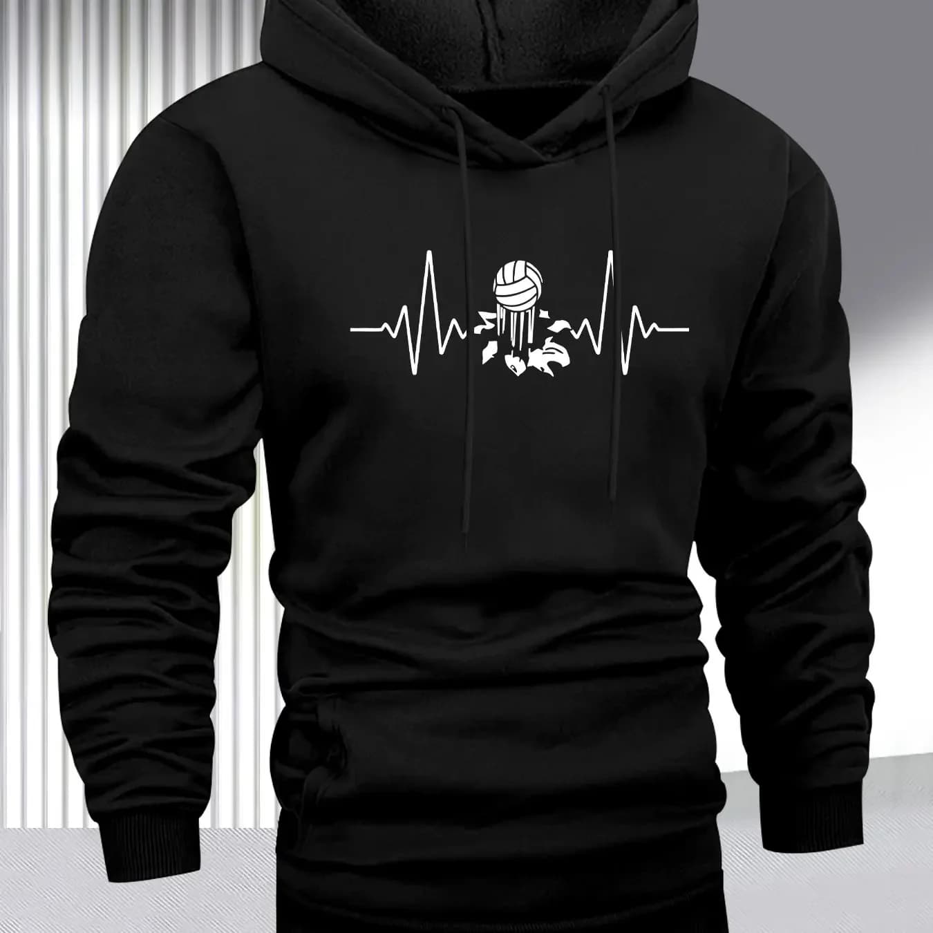 Men's hooded sweatshirt with heartbeat volleyball print, comfortable and casual for autumn and winter suitable for everyday wear