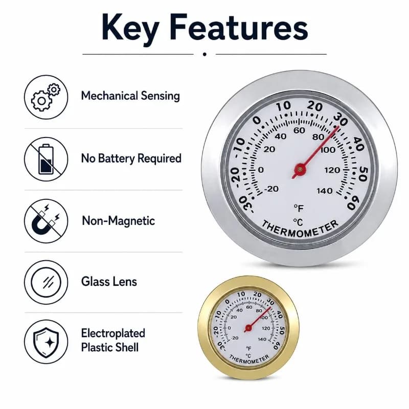 Non-Magnetic Mechanical Thermometer with Celsius Fahrenheit Scale, No Battery Needed Temp Gauge for Cigar Humidor Accessories