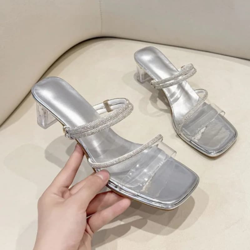 Two-wear Block Heel Slippers, Women's Summer Wear 2026 New Rhinestone Crystal High Heels