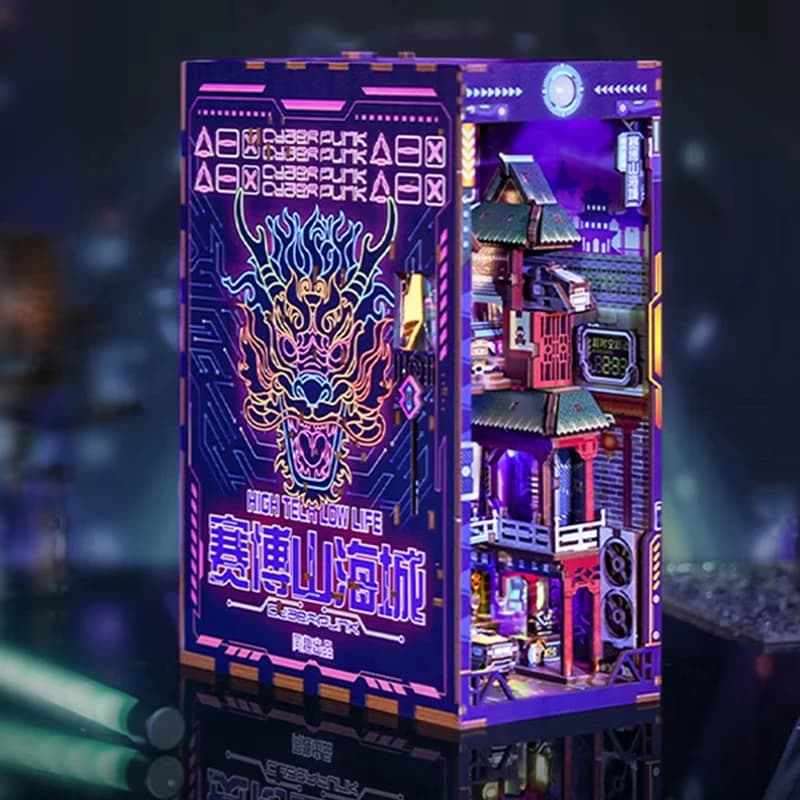 Kit di inserti per scaffali per angoli per libri fai-da-te in legno Kit modello in miniatura Fermalibri Cyberrpunk Scaffale assemblato Decorazioni per la casa Regalo di compleanno maschile