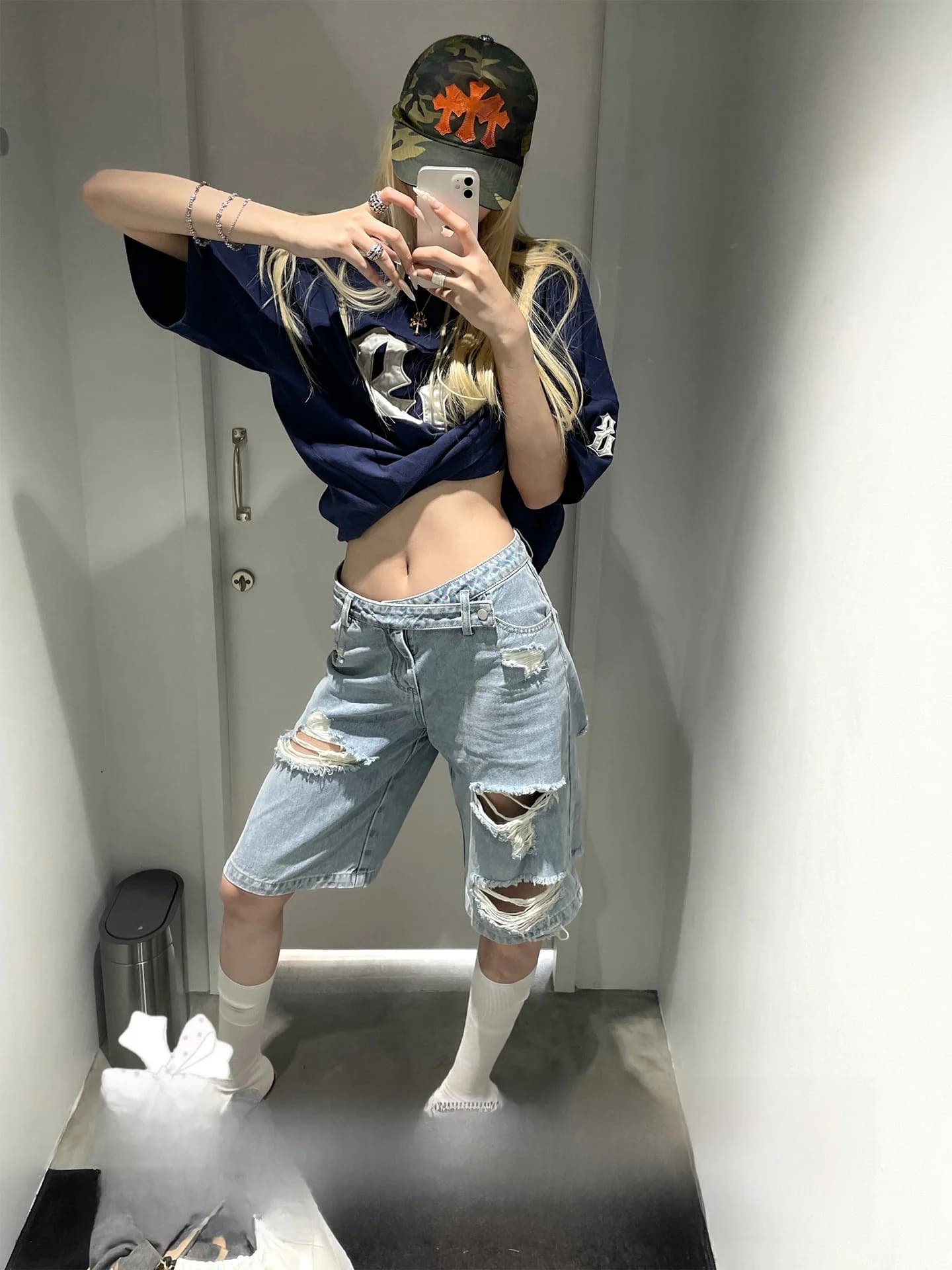 Rase Le Sol American Vintage Washed Denim Jorts Low Waist Torn Five-Point Cotton Summer Loose Fit Ladies Jeans