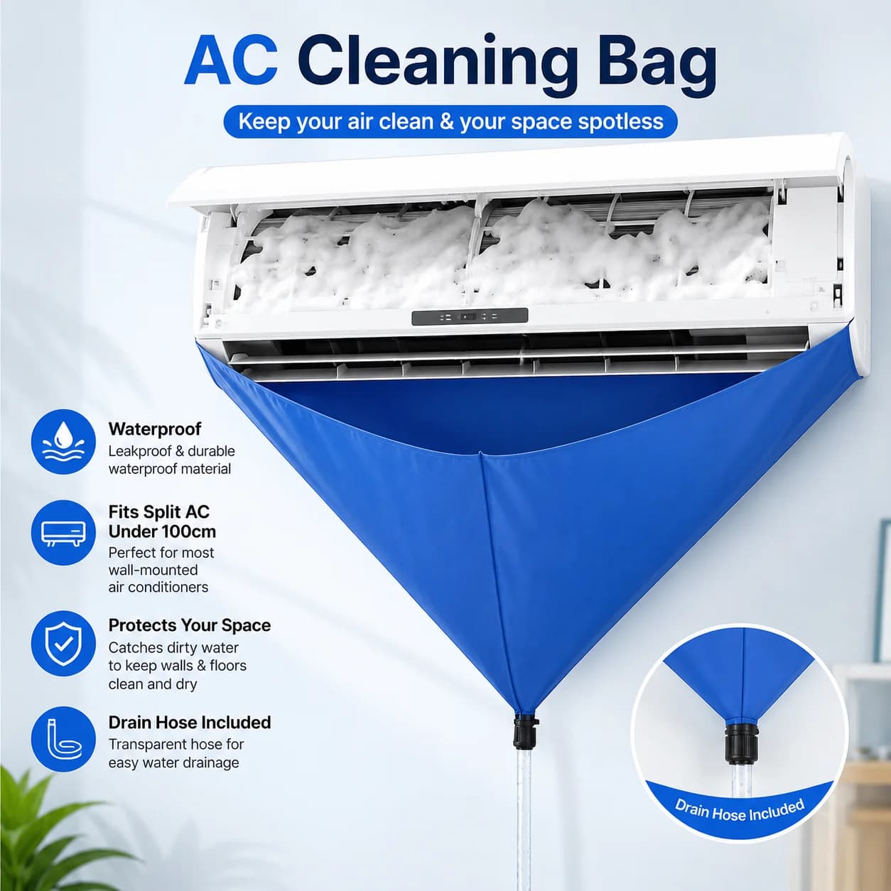 Sacchetto Impermeabile per Pulizia Climatizzatore, Copertura Protettiva per Lavaggio Climatizzatore a Parete con Tubo di Scarico per AC Split Sotto i 100cm