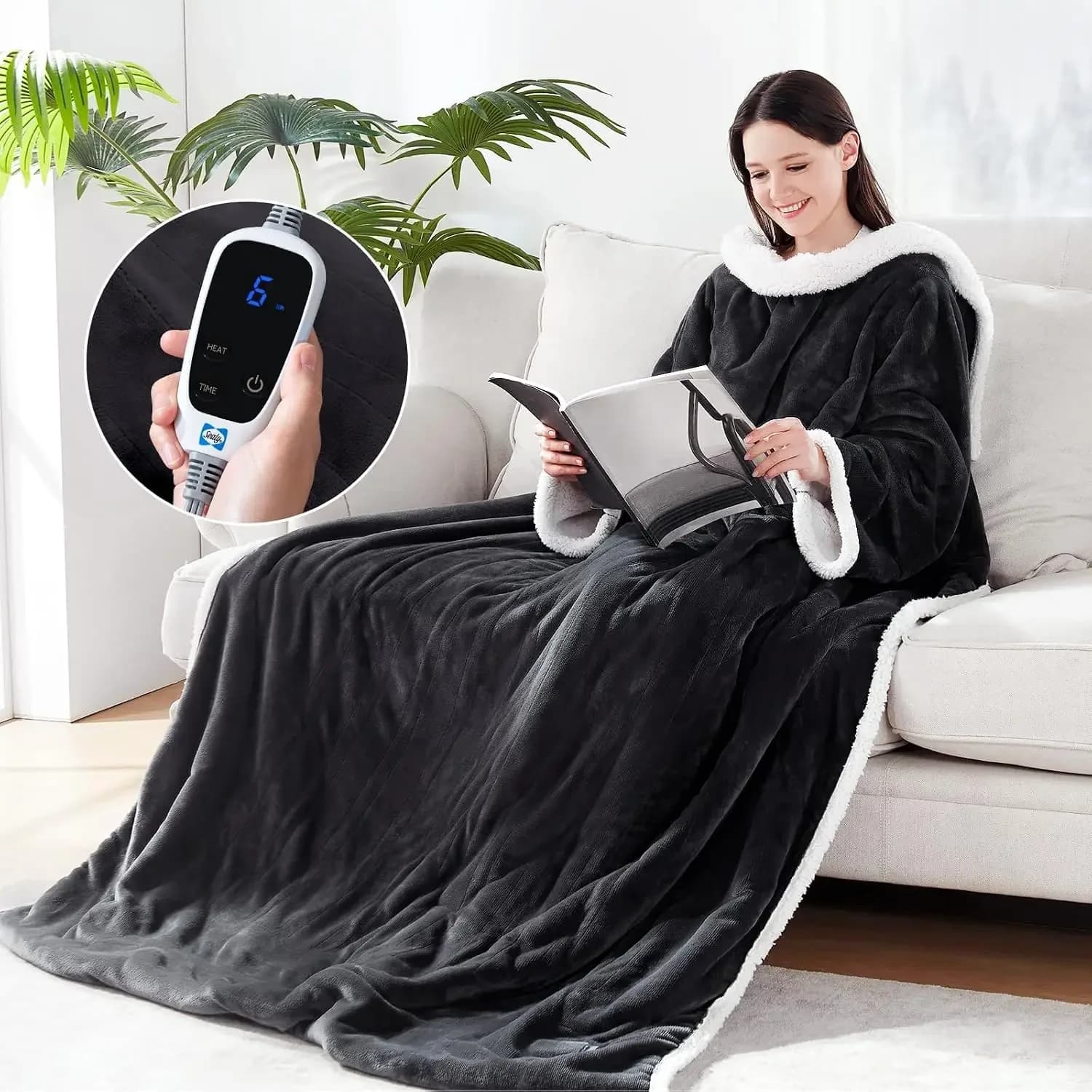 Electric Blanket Wearable with Foot Pocket, Electric Snuggle Blanket with Sleeves, Flannel & Sherpa Heating Throw with 6 Heat