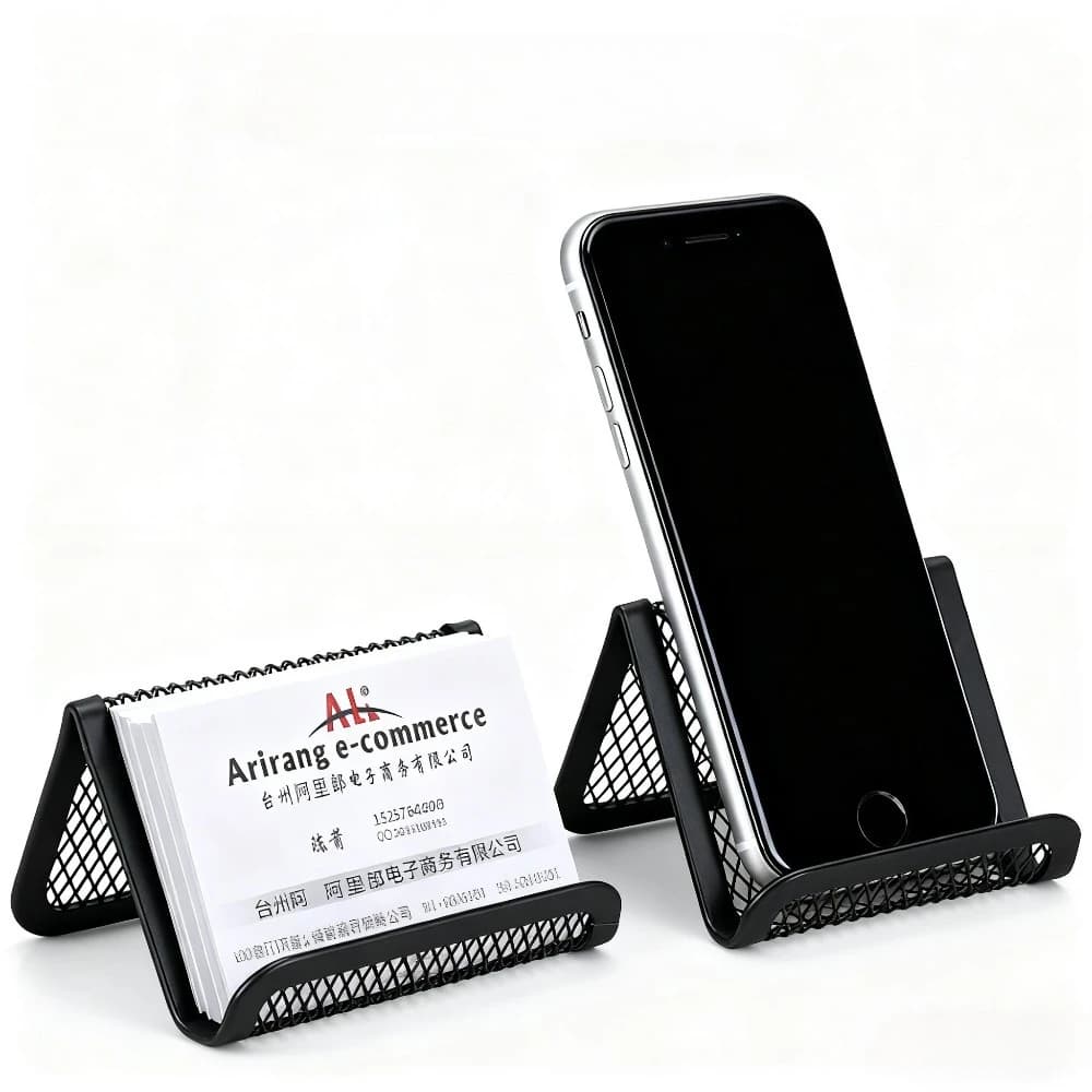 Porta biglietti da visita in metallo 2 in 1 e supporto per cellulare Organizzatore per biglietti da visita da tavolo con supporto per tablet da scrivania Nero/Argento disponibile