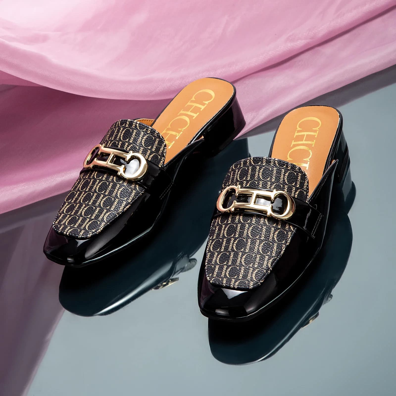 Ciabatte con fibbia CH per donna Ciabatte piatte senza schienale con punta tonda Ciabatte Scarpe da donna Mocassini slip-on Studenti