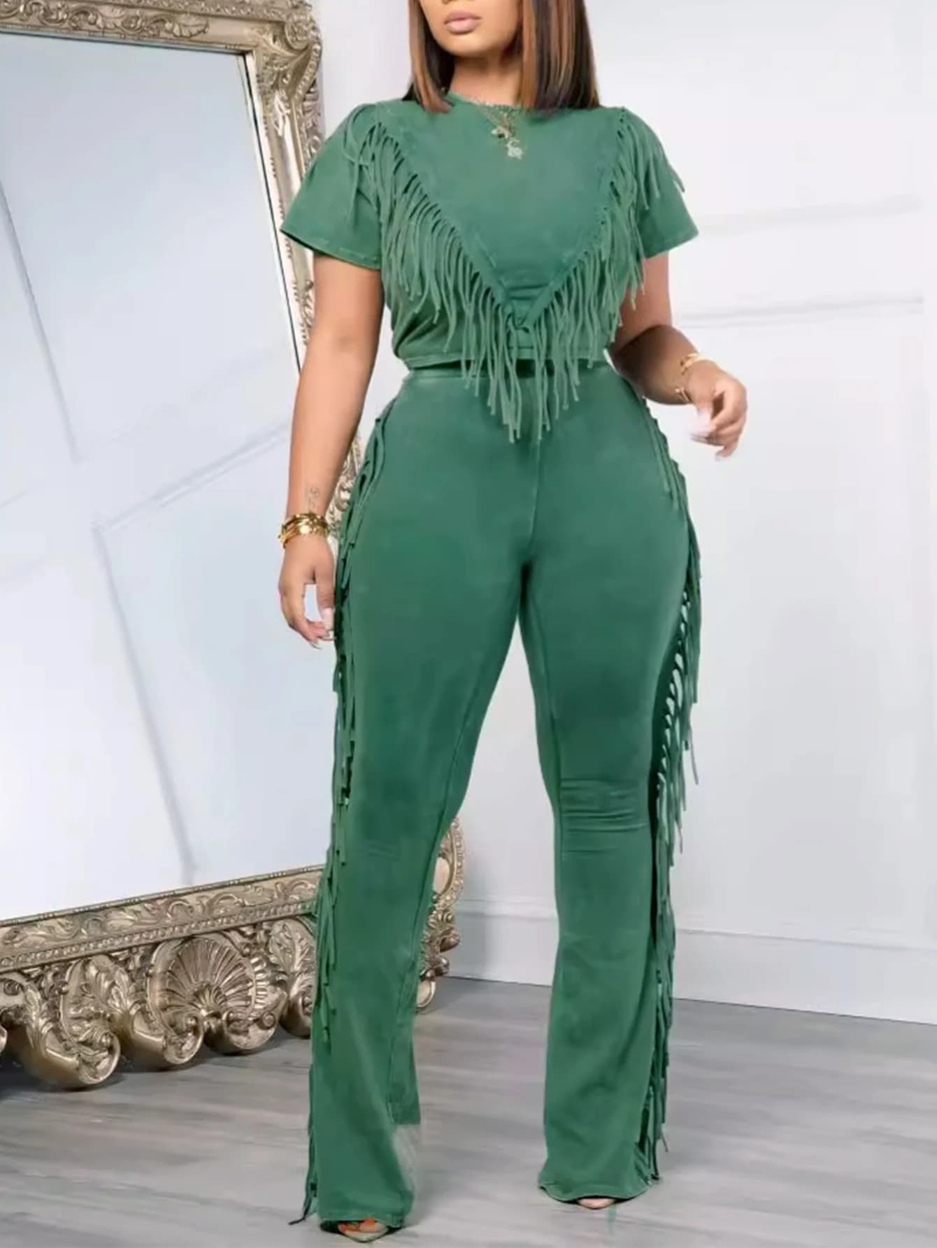 Set Due Pezzi Stile Western Y2K con Top Corto e Pantaloni a Zampa con Frange, Outfit Casual da Strada per Donna