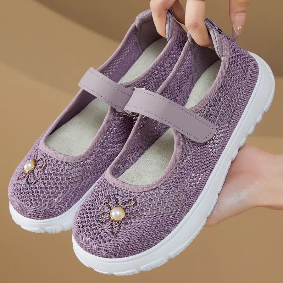 Nuove Scarpe Basse Morbide in Maglia Lavanda da Donna, Mary Jane con Perle, Traspiranti, in Maglia, Slip-On, Comode, Casual, per Mamma, Mocassini a Punta Larga da Donna