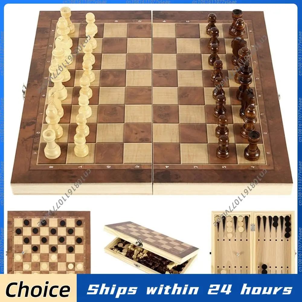 Set di Scacchi 3 in 1 Pieghevole in Legno, Set da Viaggio per Scacchi e Dama, Giochi da Tavolo