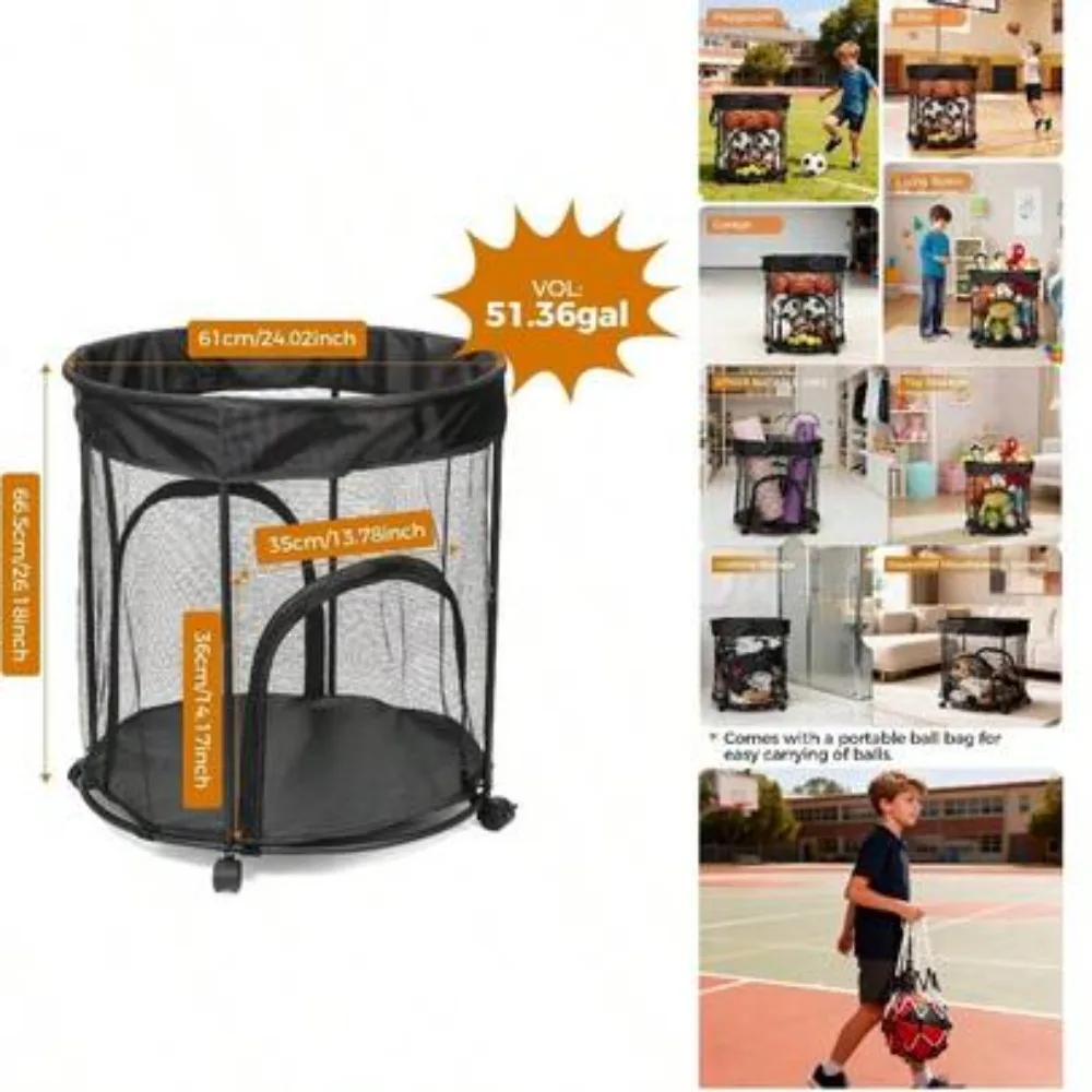 51.36 Gallon Ball Storage Cart With Wheels, 2 Side Opening Ball Baskets for Basketball Soccer Baseball Volleyball, Heavy Duty Sports Ball Organizer Bin on Rolling Stand for Garage, Playground, School Gym, Outdoor Equipment