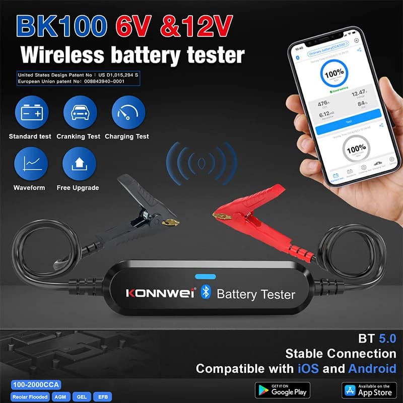 KONNWEI 6V-12V-24V Tester batteria al piombo per auto Controllo app Bluetooth per il monitoraggio dei test di ricarica Strumento di scansione batteria per auto