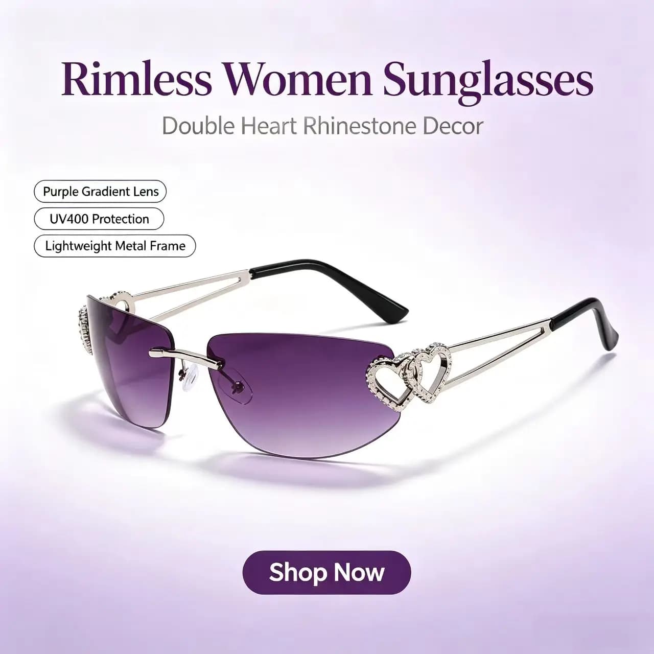 2026New Rimless Women Sunglasses Y2K Hollow Double Heart Decoration Gradient Lens UV400 Fashion Ladies Party Beach Sun Glasses