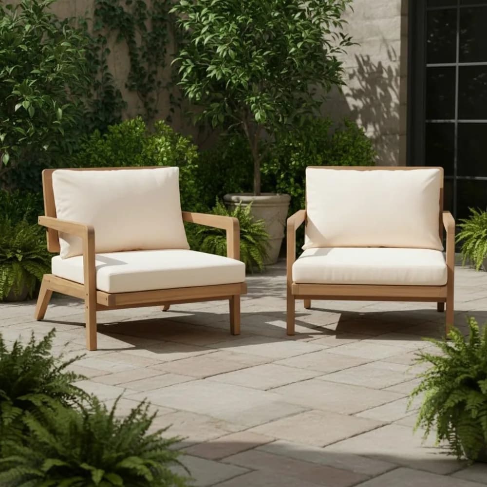 Set of 2 Mid Century Modern Outdoor Lounge Chairs, Acacia Wood with Cushions for Patio, Light Teak and Beige