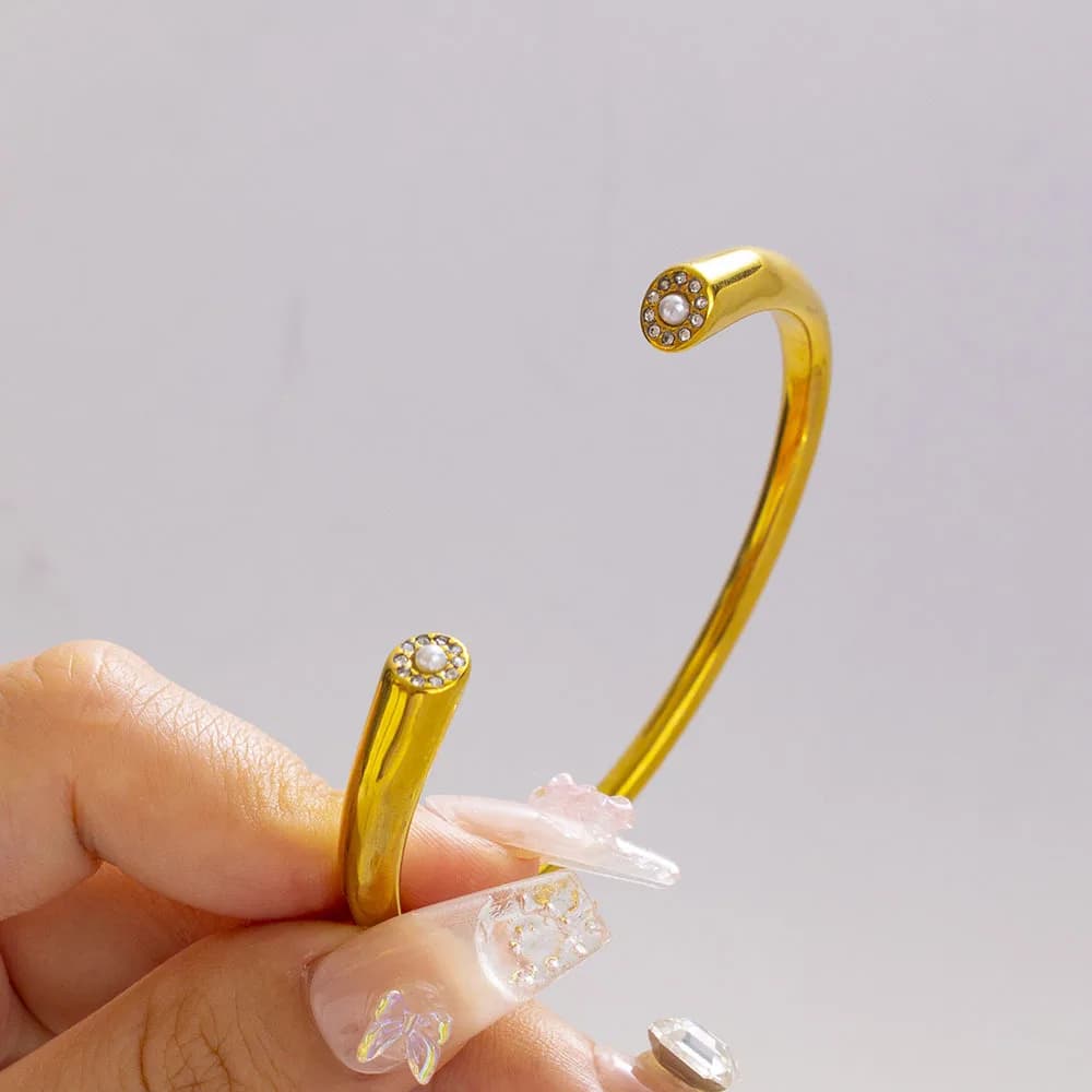 Braccialetti aperti a doppia testa con perle cz pavimentate, braccialetti in acciaio inossidabile per donne, gioielli minimalisti delicati in acciaio inossidabile