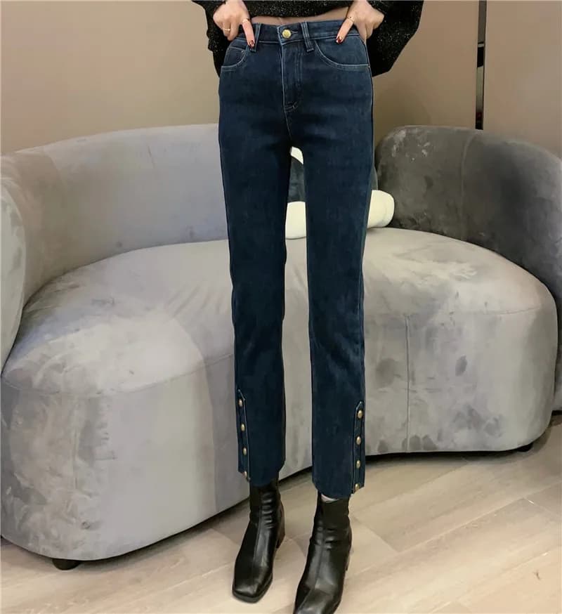 Slim Straight Jeans High Waist Autumn Winter New Style Women plus Size Pear Shape Body Slim Fit Cigarette Pants Nine Point Le...