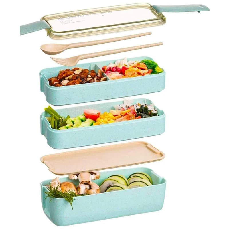 WSFS! Bento Box per il pranzo giapponese, scomparto 3 in 1, cannuccia di grano, contenitori per la preparazione dei pasti Bento ecologici Beige