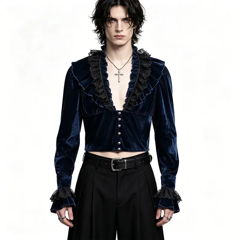 Gothic Cosplay Adult Men Short Velvet Shirt Lace Ruffle Trim V Neck Long Sleeve Cropped Blouse Darkwear Theme Party Costume Top