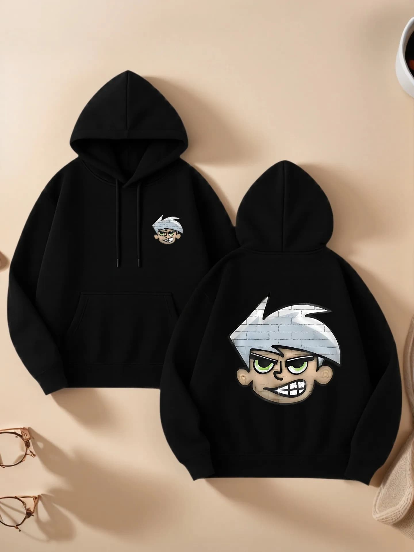 Felpa con cappuccio grafica, stampa di cartoni animati, estetica casual, tessuto morbido, abbigliamento casual quotidiano, per giovani uomini