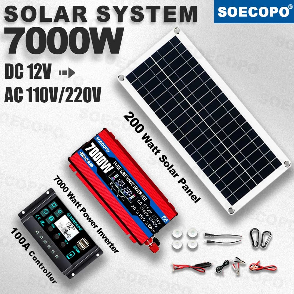 Kit Solar Power System from 7000W Peak with 200W Panel, 100A Regulator, 12V to 110V/220V Pure Wave inverter for Camping and Home, Off-Grid Charger