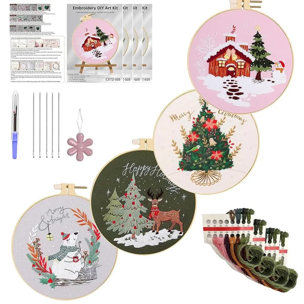 Kit di ricamo per adulti principianti, 4 pezzi, con motivo albero di Natale stampato, kit di cucito fai da te, 7,9 x 7,9 pollici