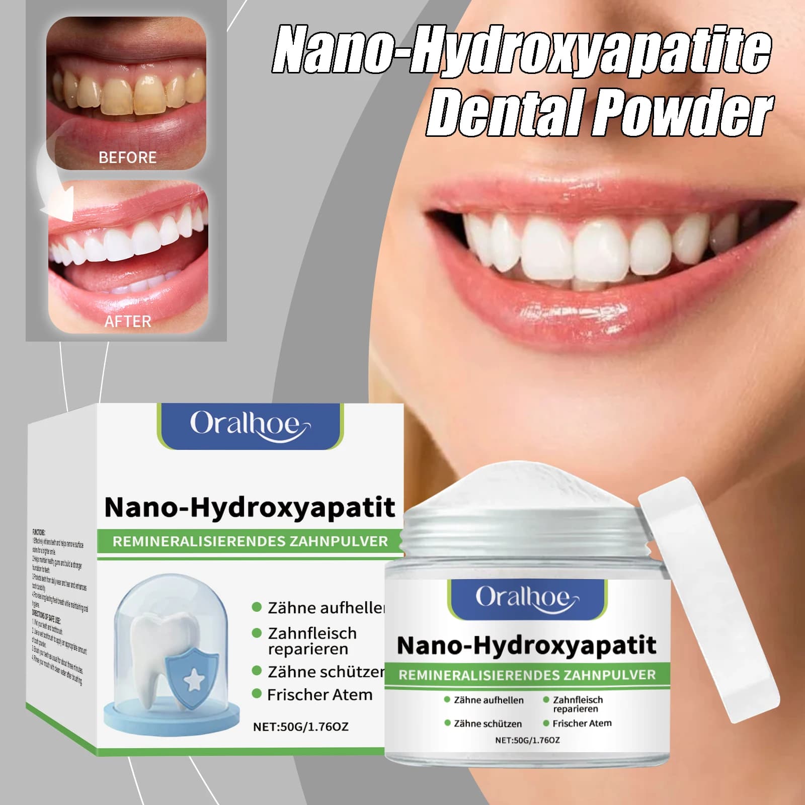 Hydrossiapatite tooth whitening powder, professional oral care, removal of white teeth spots, cleanliness, fresh breath, dental care