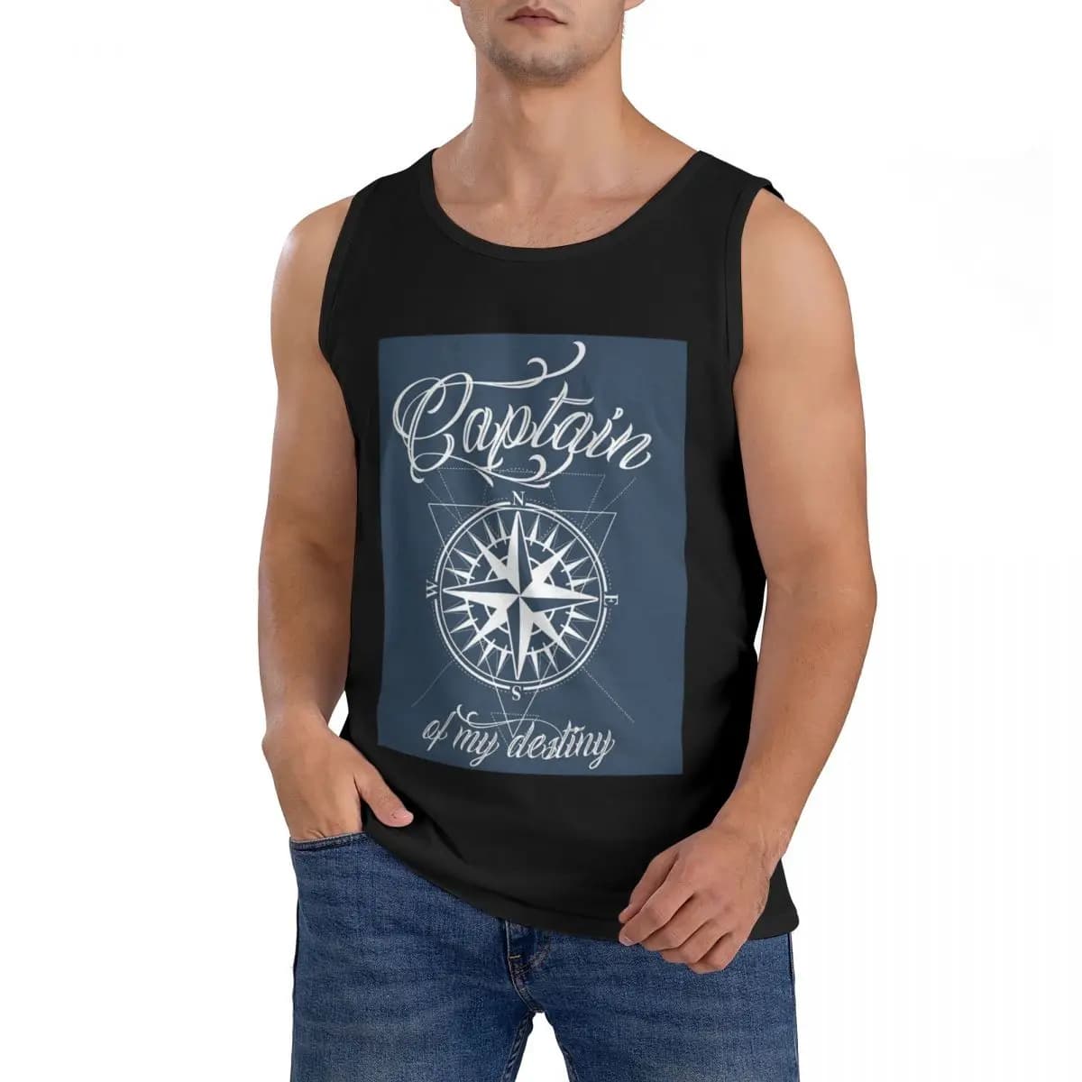 T-Shirt Senza Maniche da Uomo 100% Cotone con Motivi Nautici, Bussola, Ancora e Barca, Abbigliamento Sportivo, Canotta con Collo Rotondo