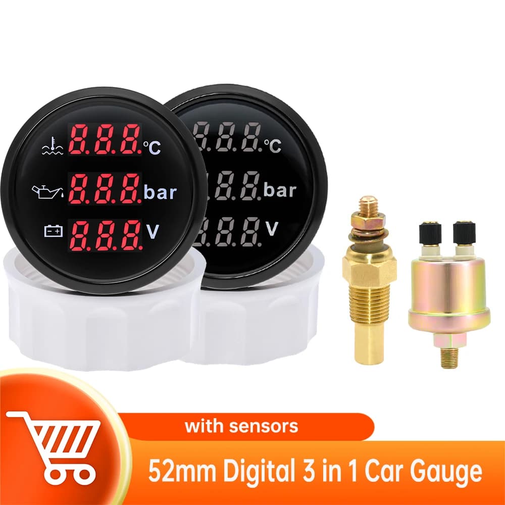 52mm Digital 3 in 1 Car Gauge Water Temperature Oil Pressure Voltmeter with Red Backlight Water Tempe Sensor Oil Pressure Sensor