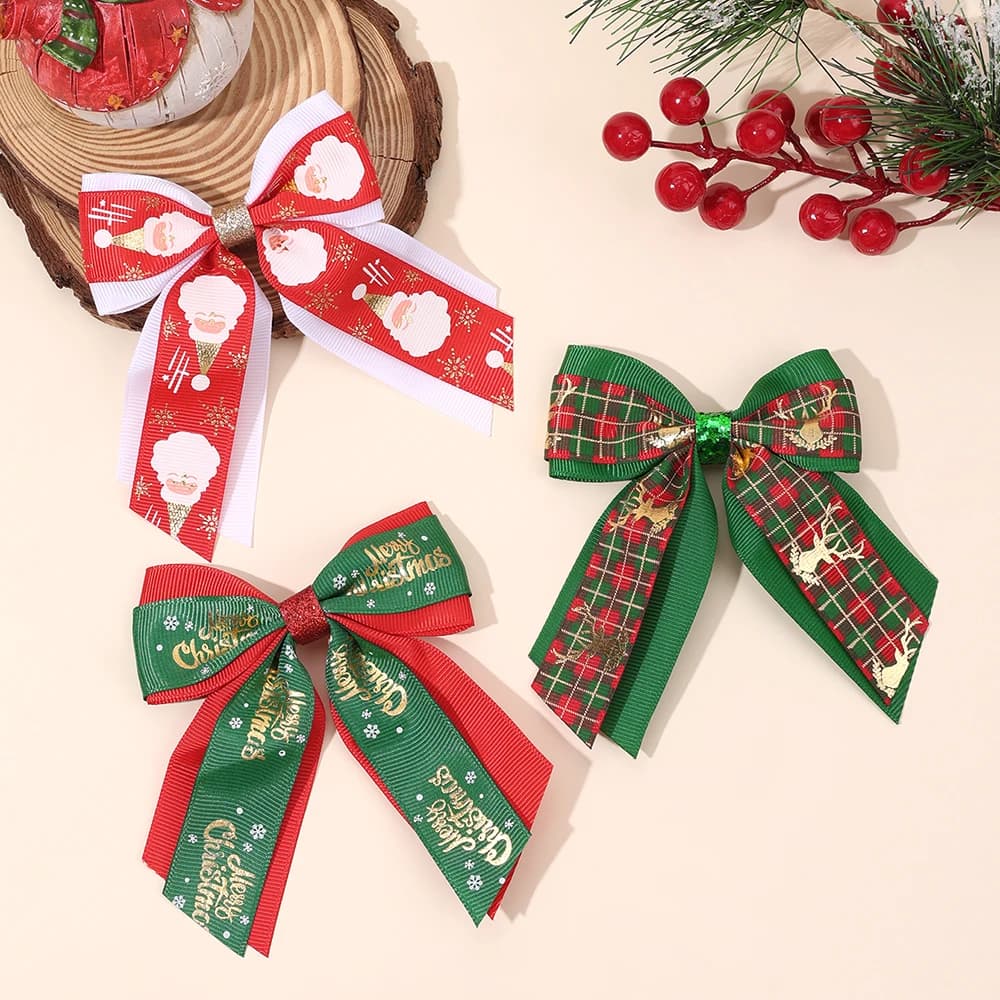 Merry Christmas Bow Hair Clips For Girls Double-Layer Ribbon Bownot Hairpins Gold Deer Print Barrette Children Hair Accessories