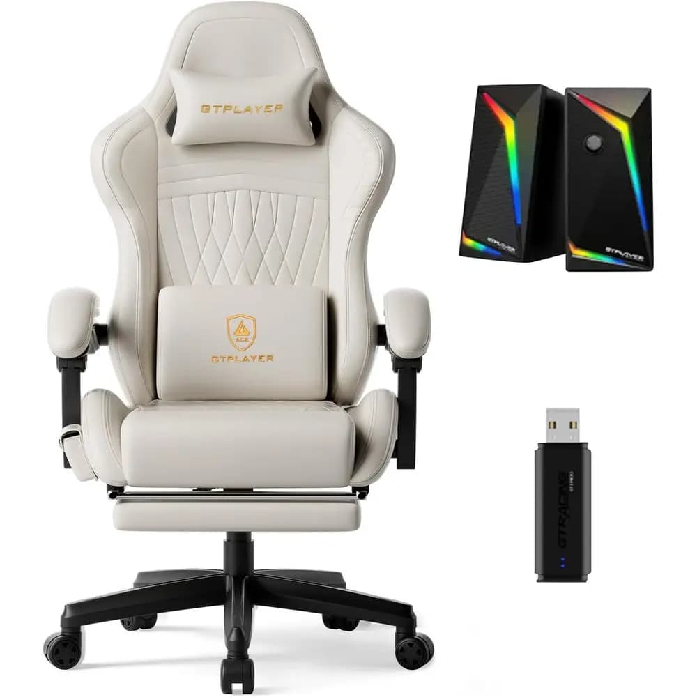Sedia da Gaming Ergonomica con Altoparlanti RGB Integrati e Adattatore USB per Intrattenimento con Audio Surround, Avorio