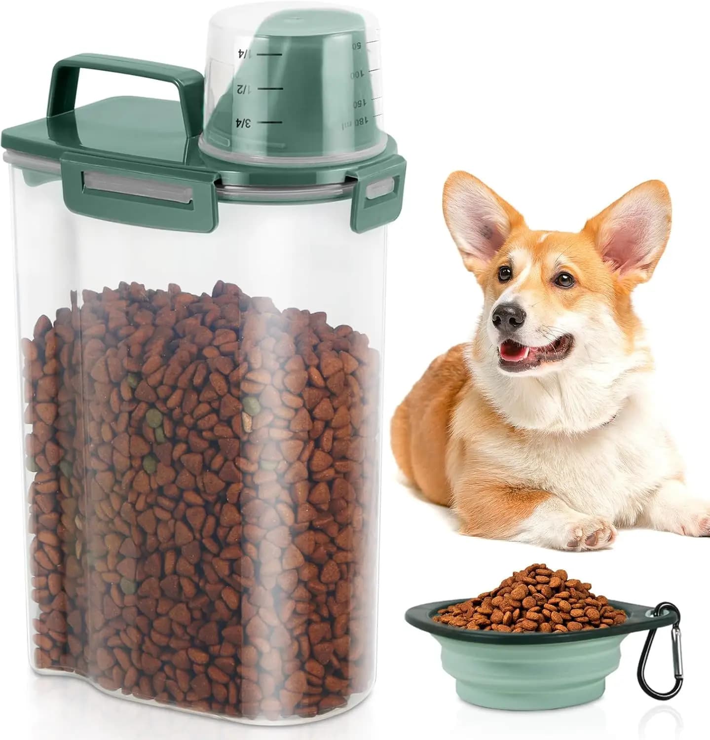 Contenitore per alimenti per animali domestici da 3 libbre con ciotola da viaggio pieghevole, dispenser portatile per cibo per cani e gatti, contenitore ermetico per riso, cereali, farina d'avena - Verde pino