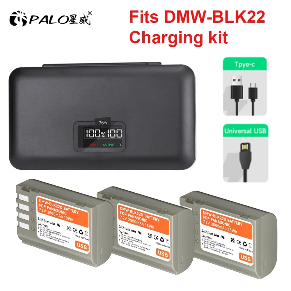 PALO DMW-BLK22 DMW BLK22 USB Battery with LCD Charger Case for Panasonic LUMIX DC-S5 DC-S5 II GH5M2 GH6 S5M2 S5M2X DC-S5K DC-G9
