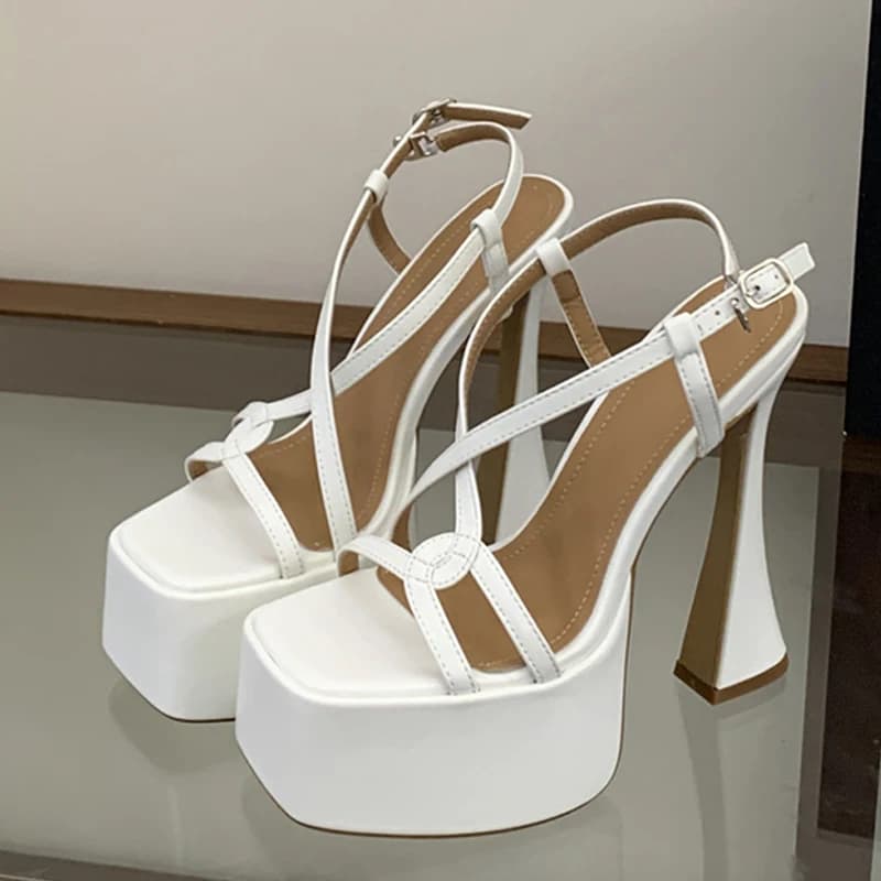 Liyke Black White Narrow Band Back Buckle Strap Women Platform Sandals Sexy Chunky Square Toe Super High Heels Party Dress Shoes