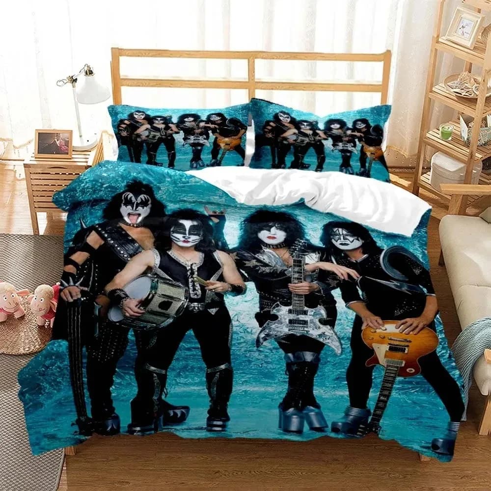 Squisito 3D KISS Rock Band Wallpaper Anime Stampa digitale Set biancheria da letto Copripiumino Trapunte Letto Gioventù Bambini Ragazza Ragazzi Regalo