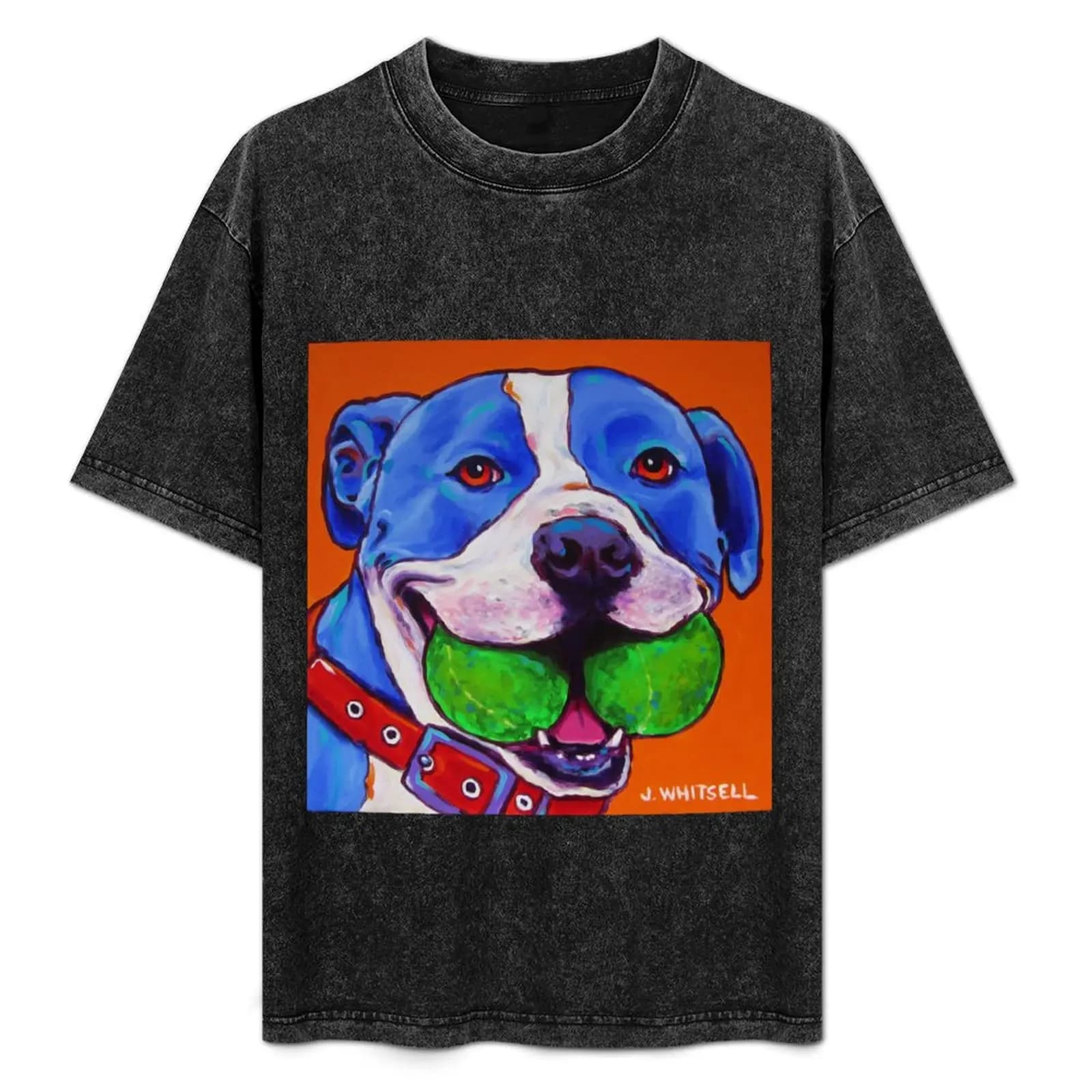 Divertente Pitbull colorato con palline da tennis - T-shirt J. Whitsell Art, abbigliamento casual basic, top a maniche corte