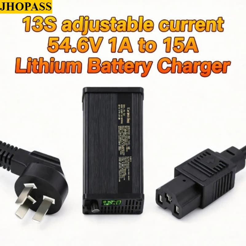 Caricabatterie intelligente LCD 13S 54.6V 1A-15A a corrente regolabile per batterie agli ioni di litio e LiFePO4, per carrelli elevatori e lavasciuga pavimenti, con spina UK US EU AU