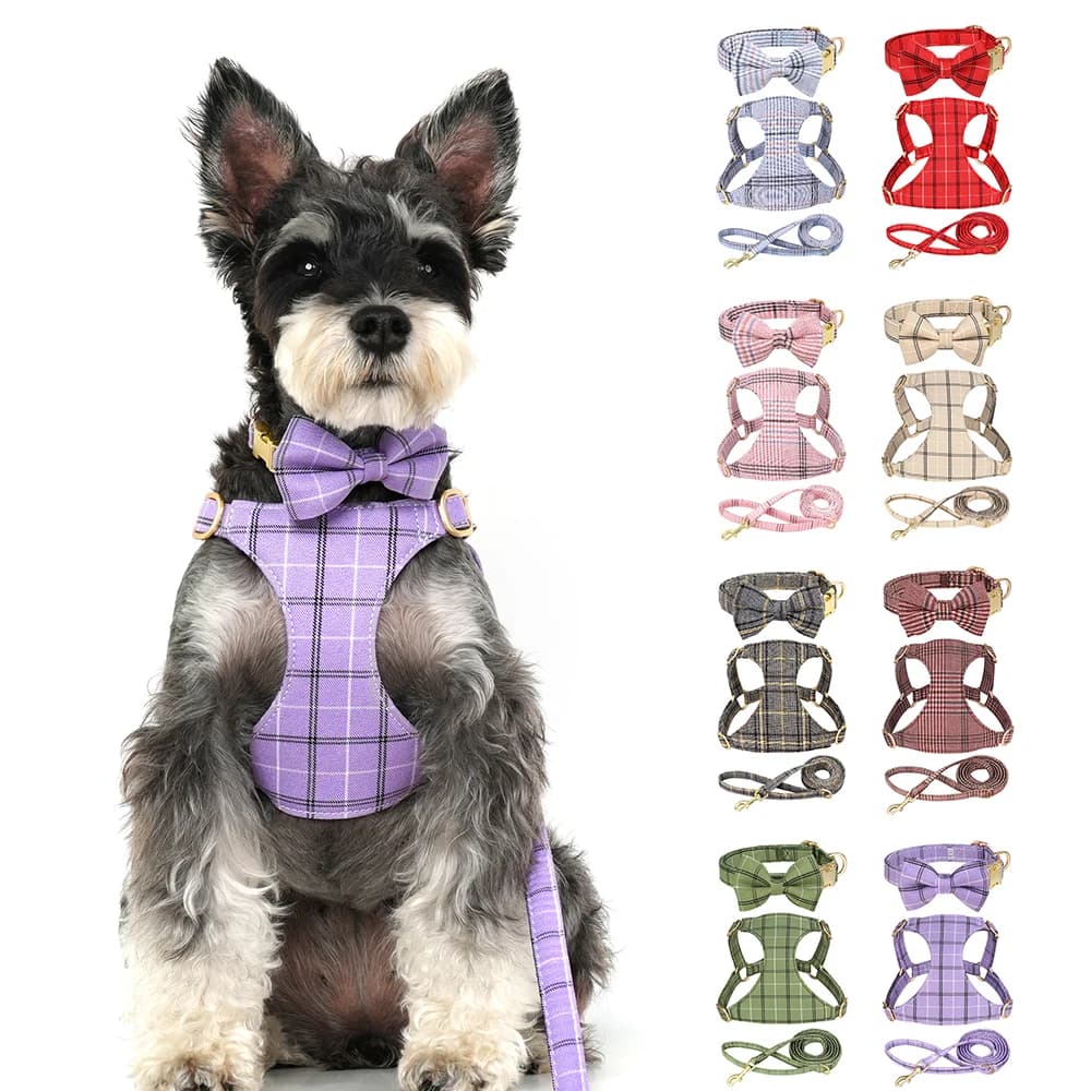 3pcs/set Dog Collar Harness leash Set Classic Plaid Bowtie Dogs Collar Harness Leash Adjustable for Halloween Christmas Puppy