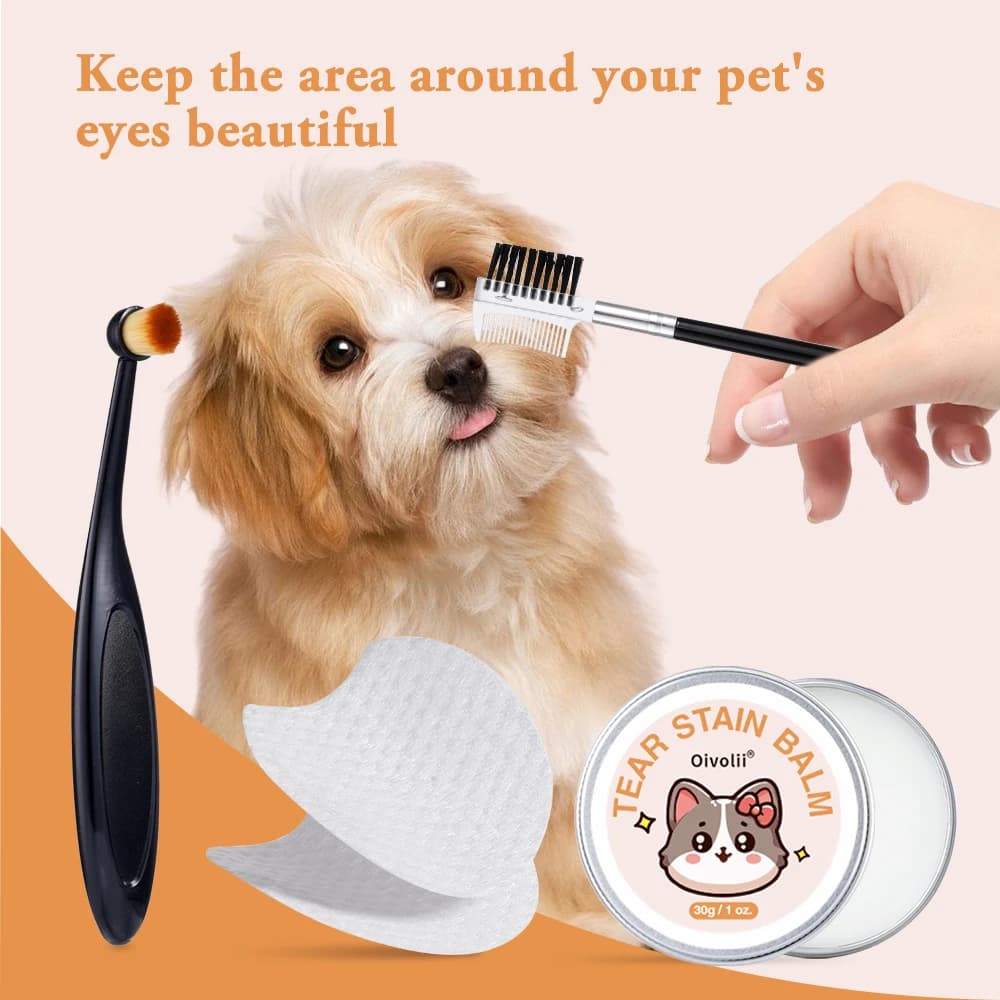 Set da 4 pezzi per la rimozione delle macchie lacrimali per cani: crema detergente per occhi, balsamo per le macchie lacrimali con spazzola, tamponi di cotone, pettine, set delicato per la pulizia e la cura.