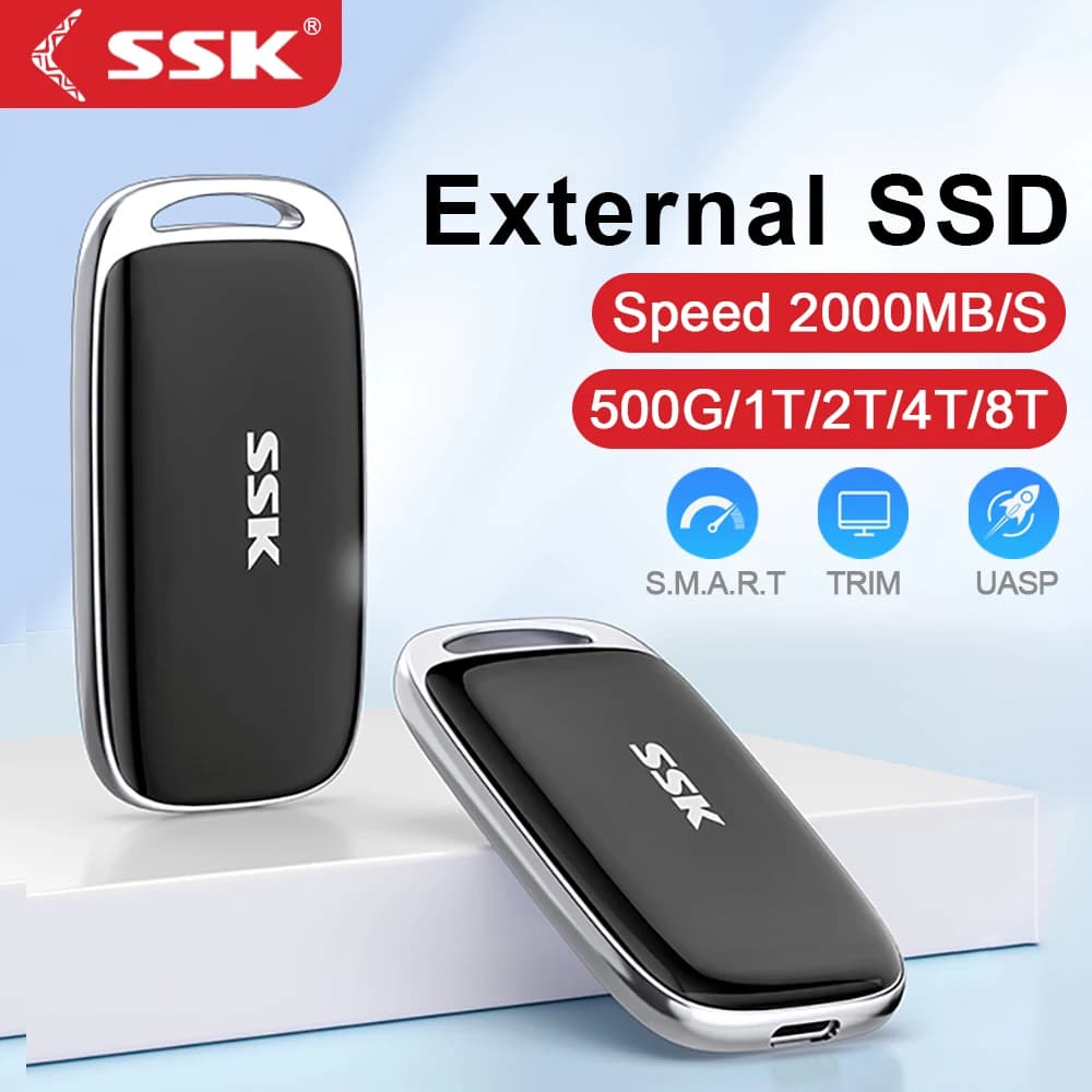 Disco rigido esterno SSK Unità SSD portatile Fino a 2000 MB/s Unità a stato solido esterne USB 3.2 per laptop iPhone Mac con LED