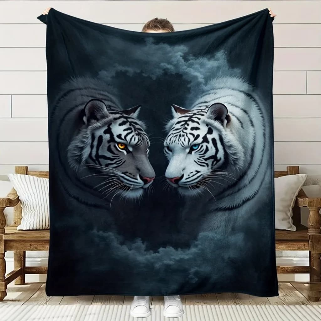 Coperta stampata in flanella con motivo tigre bianca adatta a tutte le stagioni adatta per divano da ufficio e viaggi 180x250 cm