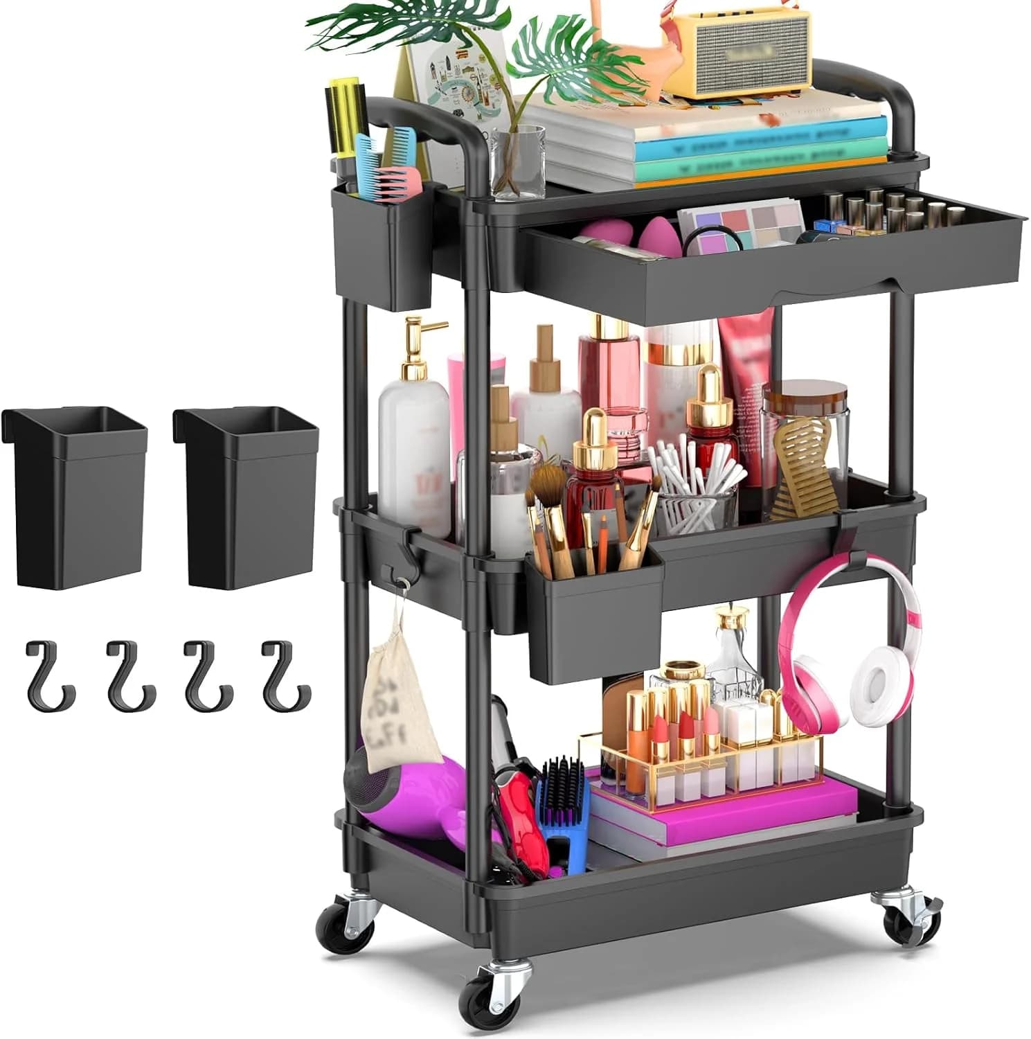 3 Tier Rolling Utility Cart with Drawer, Storage Organizer Rolling Carts with Wheels Handles Hanging Cups Hooks Suitable for the bathroom, kitchen, snacks, crafts, cosmetics, baby supplies, etc.