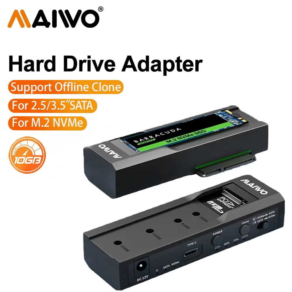 MAIWO M2 SSD Case: Adattatore Esterno per SSD NVMe M.2 da 2.5''/3.5'' con Funzione Clone Offline, 10Gbps