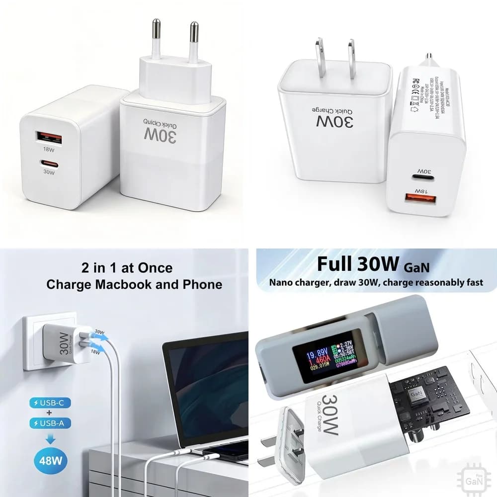 30W USB C Power Adapter Stable US EU Plug Dual Port Wall Charger for iPhone 17 16 15 Pro Max Samsung S26 S25 S24 Plus iPad Air