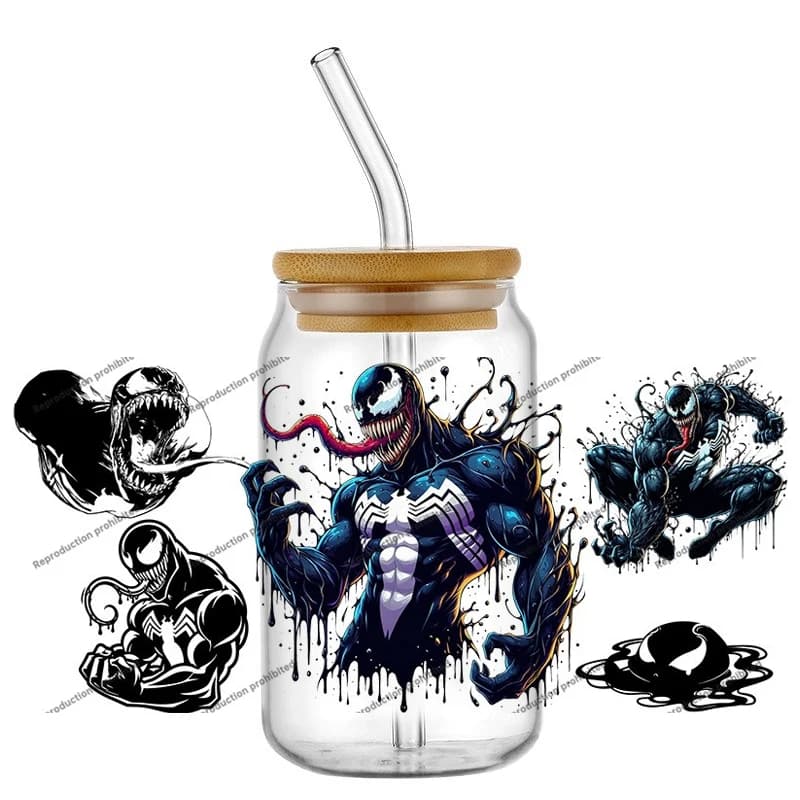 Popolare Venom 16oz UV DTF Hot 20 Design 3D Adesivo Supereroe Cartoon Moda Decalcomanie Lattina di vetro Tazza Tazza Caffè Mestiere Regalo di compleanno