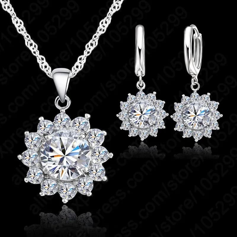Brand 925 Sterling Silver Cubic Zirconia CZ Wedding Jewelry Set Rhinestone Flower Pendant Necklace Earring Set For Women