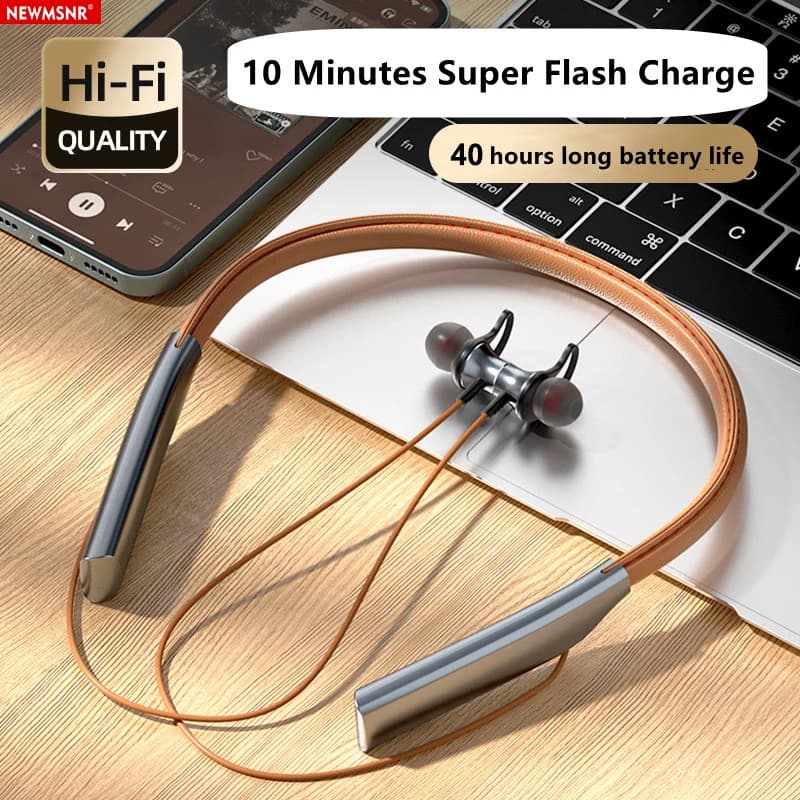 40 ore di riproduzione Auricolari Bluetooth in pelle Auricolari audio HiFi Cuffie wireless Cuffie sportive da gioco impermeabili Cuffie da appendere al collo