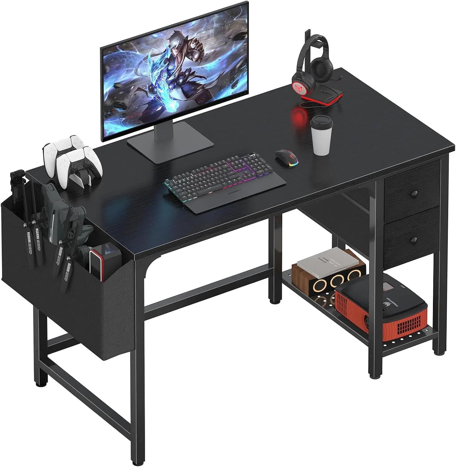 Scrivania da Gaming Reversibile da 40 Pollici con Cassetti in Tessuto per Piccoli Spazi, Tavolo da Scrittura per Ufficio Domestico, Nero
