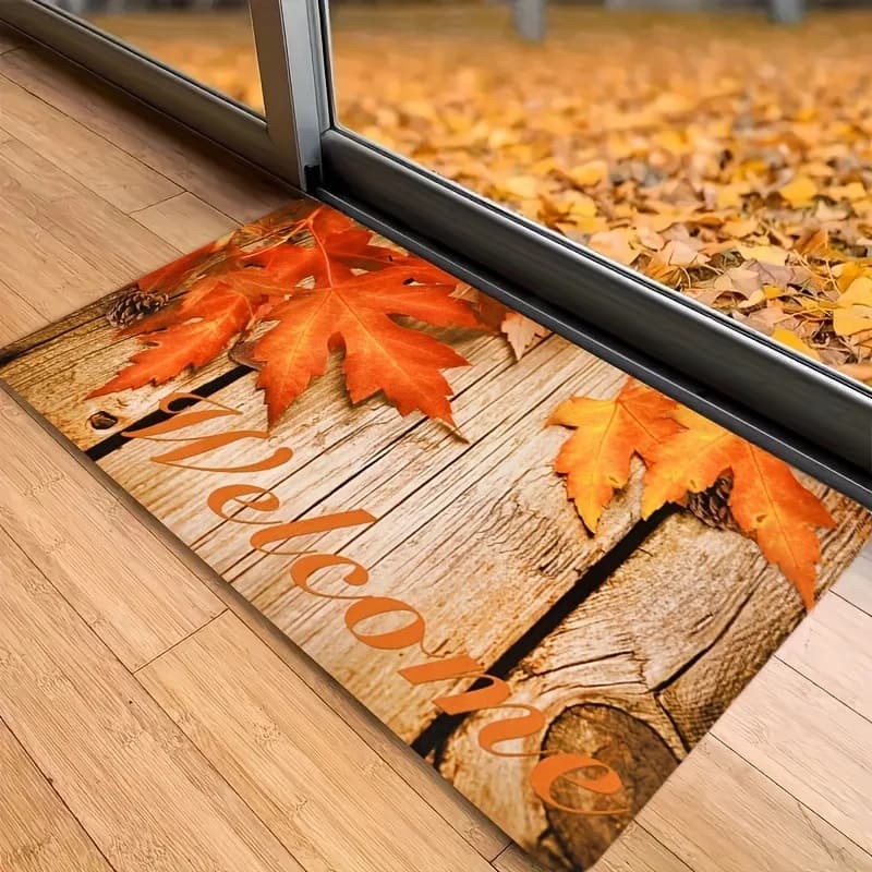 Welcome Autumn Maple Leaf Wooden Board Flannel Doormat Non Slip Front Entry Floor Mat Fall Harvest Household Entrance Decor Rug