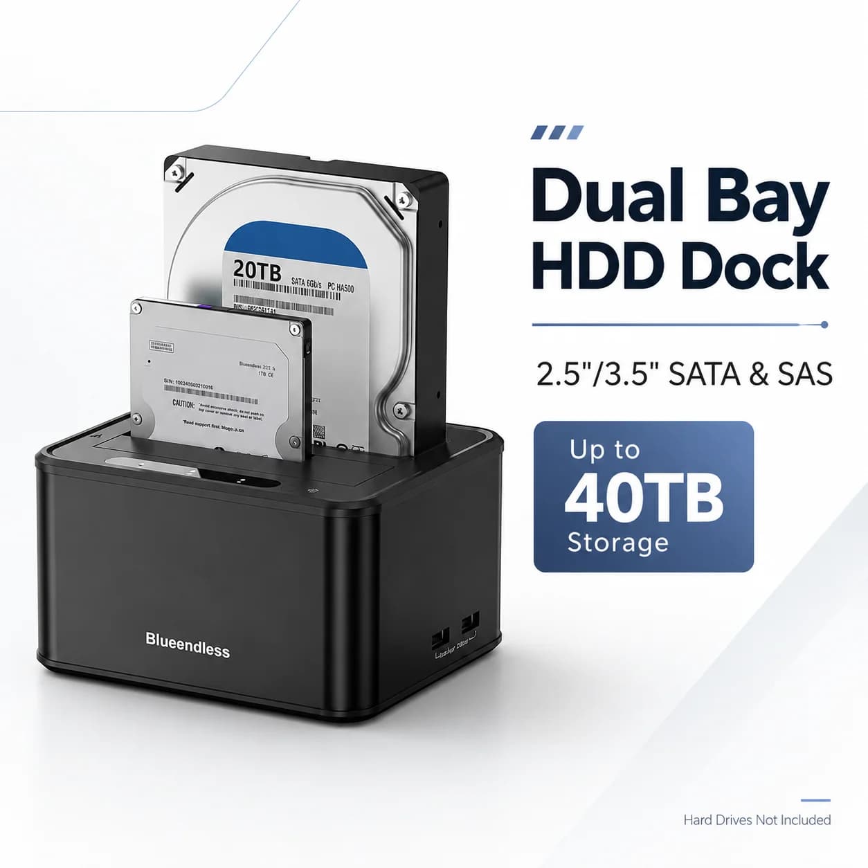 Blueendless Dual Bay Hard Drive Docking Station 2.5 3.5 Inch SATA SAS HDD SSD Dock USB 3.2 5Gbps 40TB External HDD Enclosure