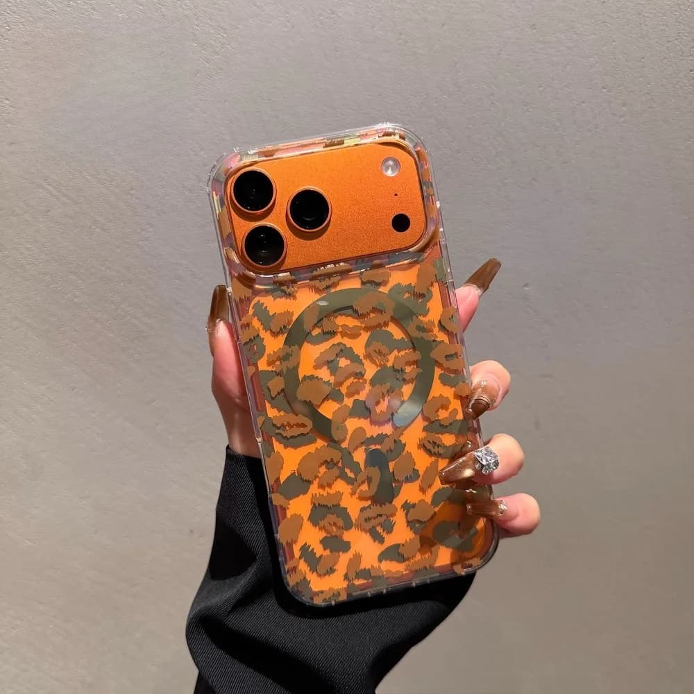 Per iPhone 17 Pro Max Custodia Stellata Arancione Trasparente Leopardo MagSafe Completamente Antiurto Compatibile con iPhone 16 15 14 13