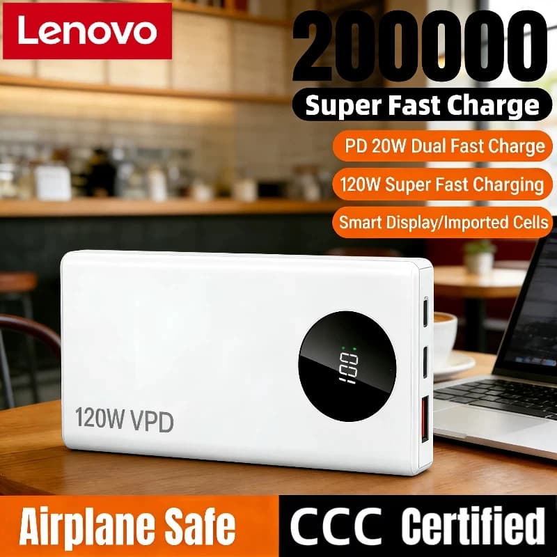 Power Bank Lenovo 200000mAh 120W Quick Charging Bidirectional Digital Display Safe For Aircraft Certificate CCC External Battery 2026