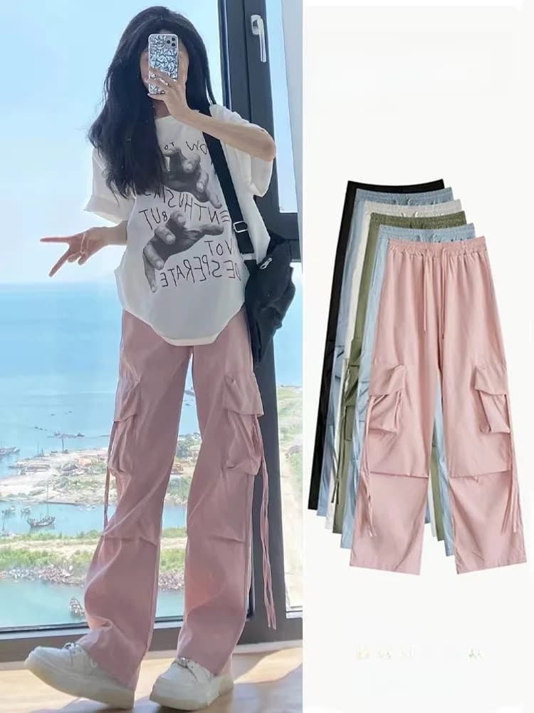 Pantaloni da Lavoro Rosa a Vita Alta da Donna, Leggings Estivi Casual Larghi, Pantaloni Sportivi ad Asciugatura Rapida, Stile Coreano per il Pendolarismo e la Moda